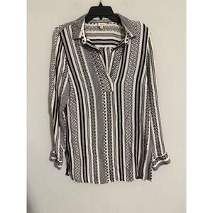 Keep In Touch Black White Geometric Stripe Rayon Tunic‎ Blouse Womens Medium